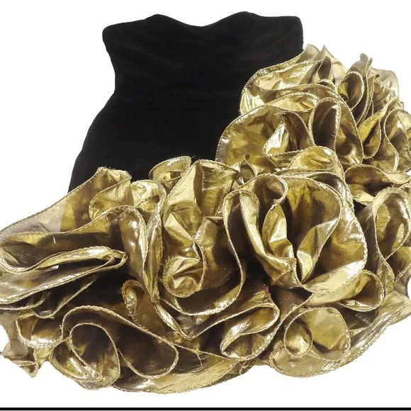 Elegant Black and Gold Strapless Prom Cocktail Holiday NYE Dress
